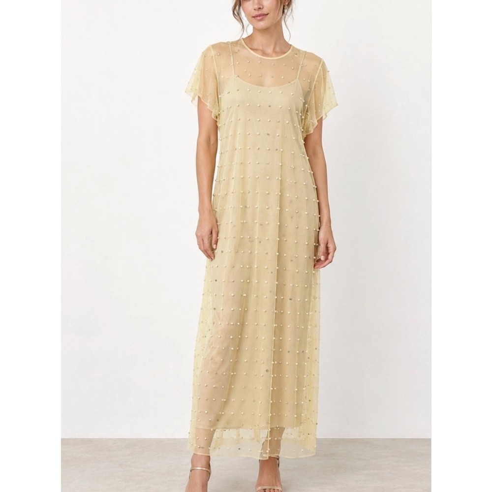 NWT ZARA Pearl Beaded Sheer Mesh Midi Dress Women's XS/S Tan Romantic